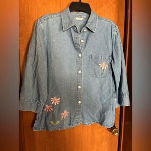 Christopher & Banks Vintage Jewelry Embroidered Light Blue Denim Shirt Jacket M